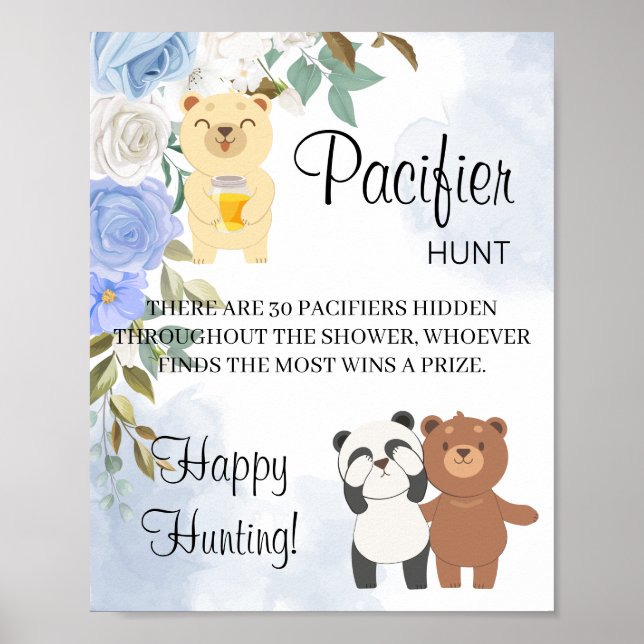Nalle Nappar Hunt Baby Shower Game Sign Poster (Framsidan)