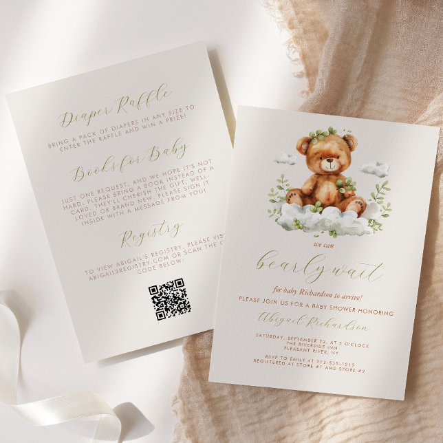 Nalle Neutralt Greenery QR Code Baby Shower Inbjudningar (Skapare uppladdad)