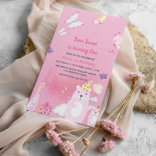 Nalle och anka Rosa 1:a födelsedag flicka Inbjudningar