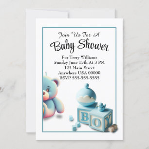 Nalle och Baby Blocks Boy Shower Inbjudningar