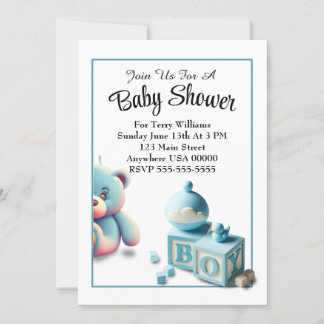 Nalle och Baby Blocks Boy Shower Inbjudningar