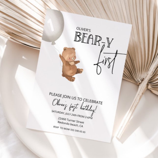 Nalle och ballong Bear-y första födelsedag Inbjudningar (Bear-y first birthday invitation, teddy bear invitation)