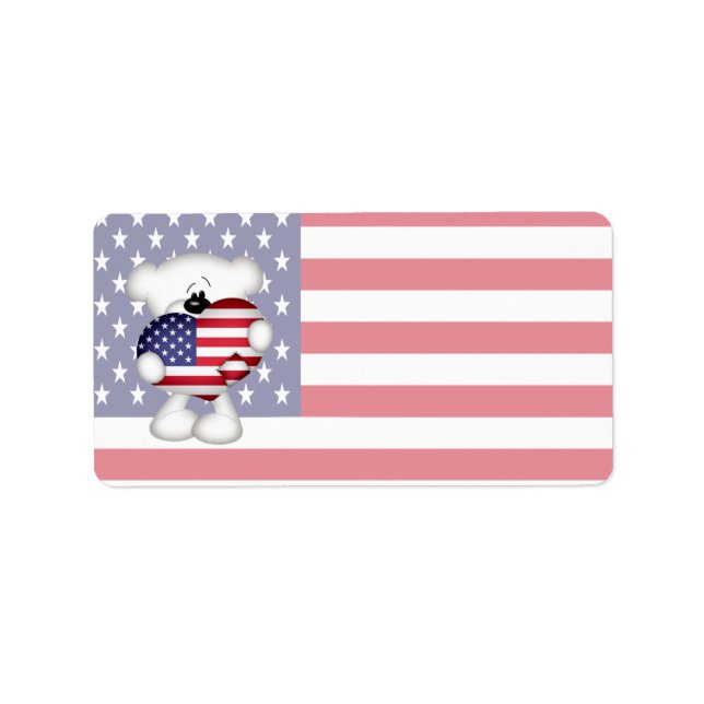 Nalle och Big USA flagga Heart Adressetikett (Framsidan)