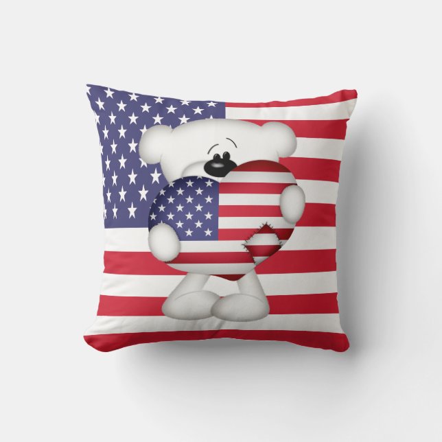 Nalle och Big USA flagga Heart Kudde (Framsida)