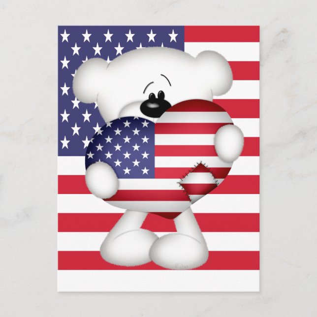 Nalle och Big USA flagga Heart Vykort (Framsida)