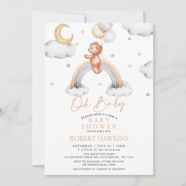 Nalle och Boho Rainbow Baby Shower Inbjudningar (Framsida)