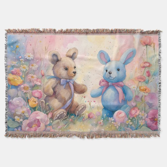 Nalle och bunny i pastel Garden Filt (Framsidan)