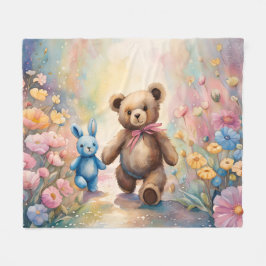Nalle och bunny i pastel Garden Fleecefilt