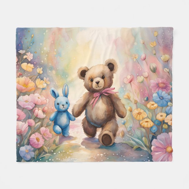 Nalle och bunny i pastel Garden Fleecefilt (Framsidan (Horisontell))
