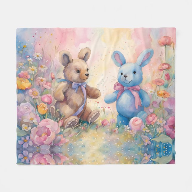 Nalle och bunny i pastel Garden Fleecefilt (Framsidan (Horisontell))