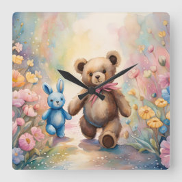 Nalle och bunny i pastel Garden Fyrkantig Klocka