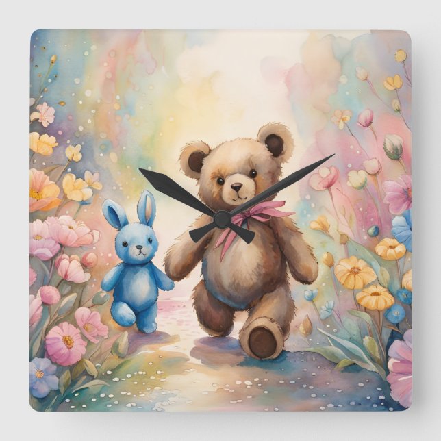 Nalle och bunny i pastel Garden Fyrkantig Klocka (Framsida)