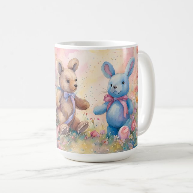 Nalle och bunny i pastel Garden Kaffemugg (Framsida höger)