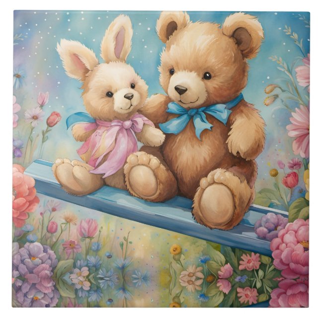 Nalle och bunny i pastel Garden Kakelplatta (Framsidan)