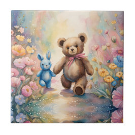 Nalle och bunny i pastel Garden Kakelplatta