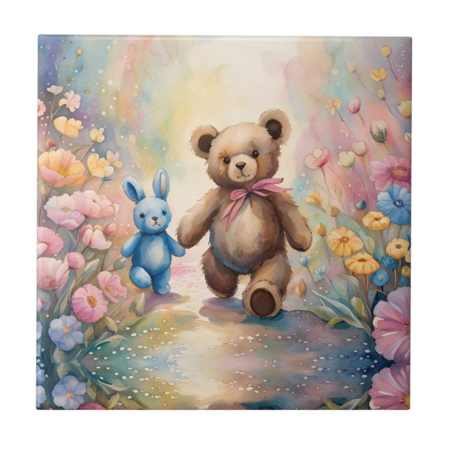 Nalle och bunny i pastel Garden Kakelplatta (Framsidan)