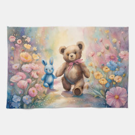 Nalle och bunny i pastel Garden Kökshandduk