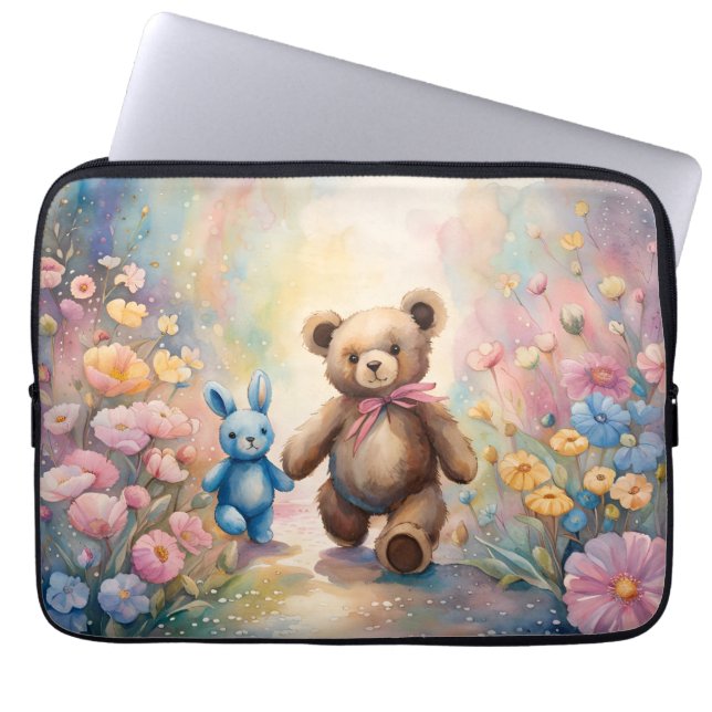 Nalle och bunny i pastel Garden Laptop Fodral (Framsidan)