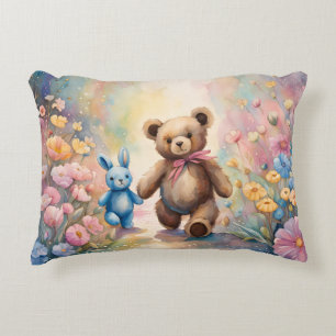 Nalle och bunny i pastel Garden Prydnadskudde