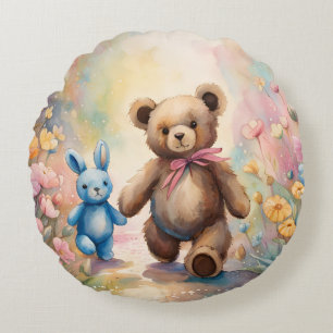 Nalle och bunny i pastel Garden Rund Kudde