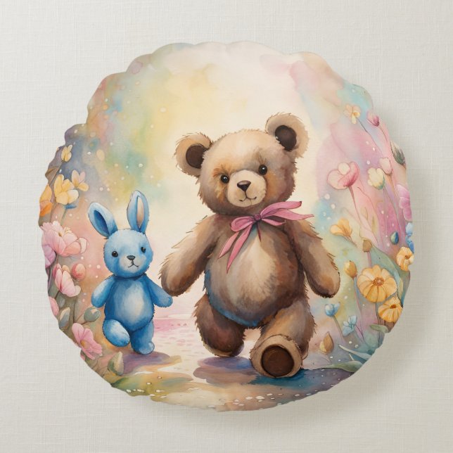 Nalle och bunny i pastel Garden Rund Kudde (Framsidan)