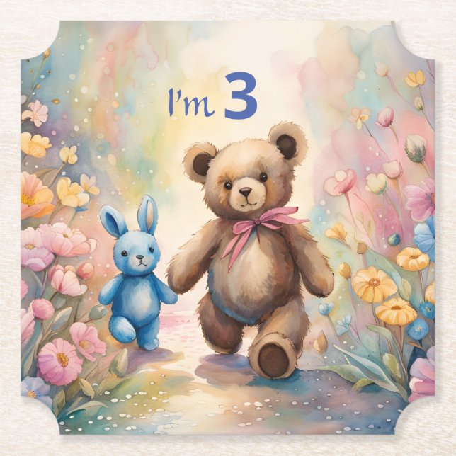 Nalle och bunny i pastel Garden Underlägg Papper (Framsida)