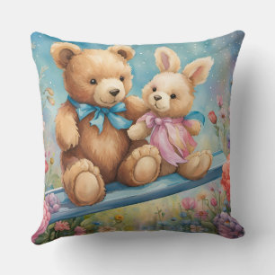 Nalle och Bunny Sitta i trädgård Kudde