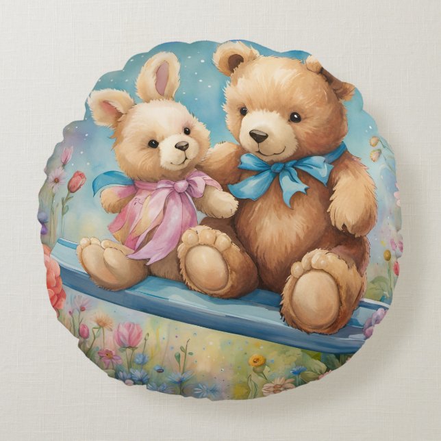 Nalle och Bunny Sitta i trädgård Rund Kudde (Framsidan)