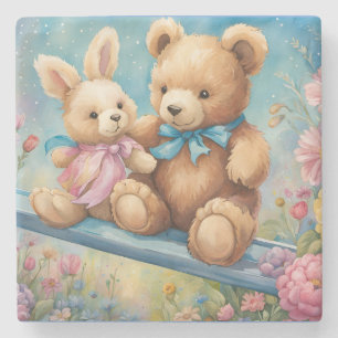 Nalle och Bunny Sitta i trädgård Stenunderlägg