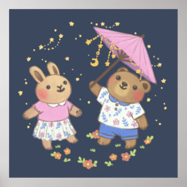 Nalle och Bunny under Stars Illustration Poster