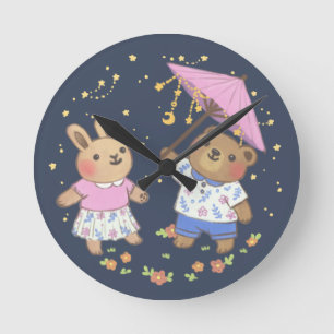 Nalle och Bunny under Stars Illustration Rund Klocka