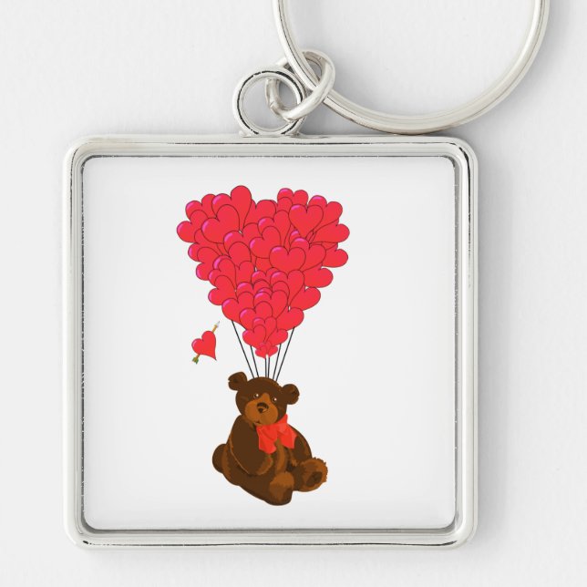 Nalle- och hjärtballonger fyrkantig silverfärgad nyckelring (Framsidan)