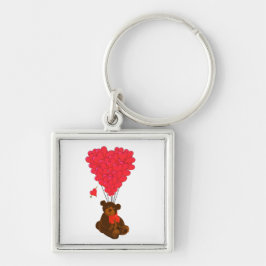 Nalle- och hjärtballonger fyrkantig silverfärgad nyckelring