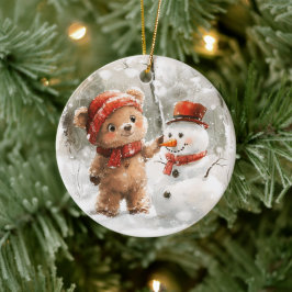 Nalle och Snögubbe Julgransprydnad Keramik