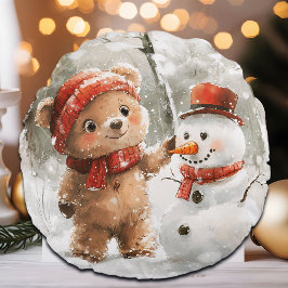 Nalle och Snögubbe Rund Kudde