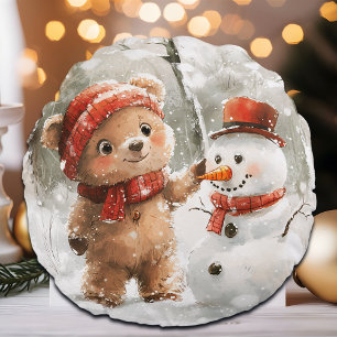 Nalle och Snögubbe Rund Kudde