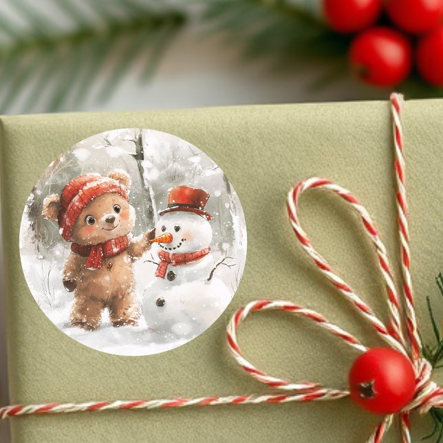 Nalle och Snögubbe Runt Klistermärke (Skapare uppladdad)
