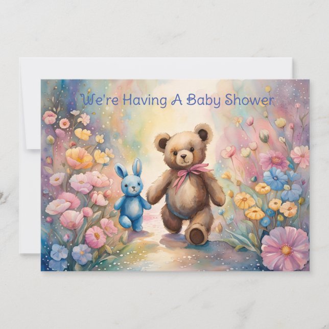 Nalle och stuga i Pastel Garden Baby Shower Meddelande (Framsida)