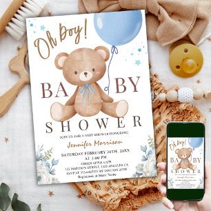 Nalle Oh Boy Baby Shower Blue Balloon Inbjudningar