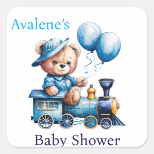 Nalle på en Blue Tåg Boy Baby Shower Fyrkantigt Klistermärke