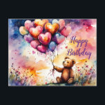 Nalle på födelsedagen med Hjärtformade ballonger Helg Vykort<br><div class="desc">Cute nalle med bukett av färgstarka hjärtformade ballonger för den födelsedagsmänniska du kärlek AI art till minx267</div>