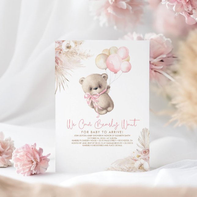 Nalle Pastel Brown Rosa Boho Girl Baby Shower Inbjudningar (Bear Girl Baby Shower Invitations - We Can Bearly Wait)