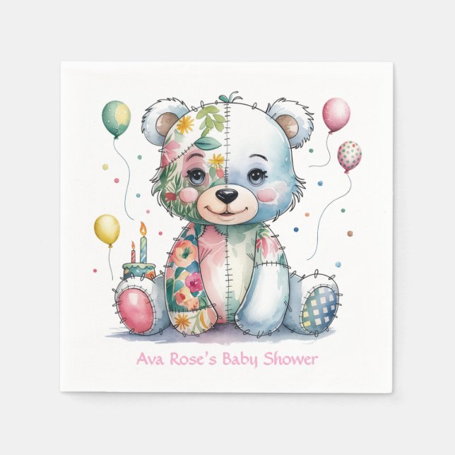 Nalle Patchwork in Blommigt Girl Baby Shower Pappersservett (Framsidan)