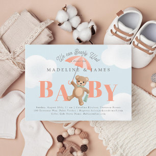 Nalle Peach Blue Barly Wait Baby Shower Inbjudningar