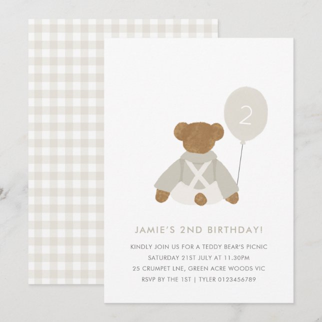 Nalle Picnic Baby Birthday Inbjudan (Fram/baksida)