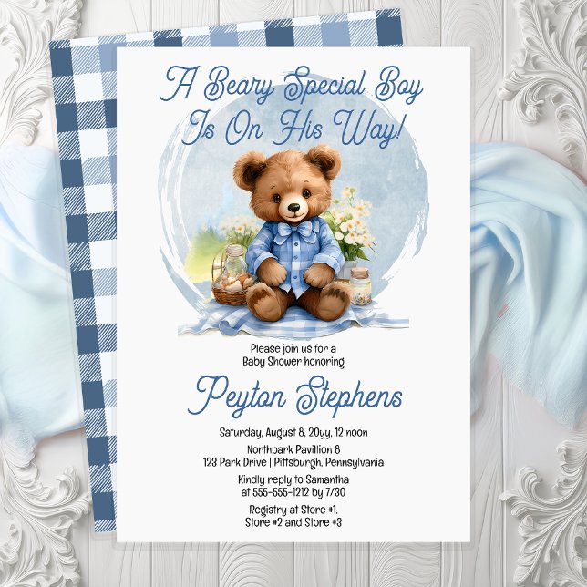 Nalle Picnic Beary Speciell Boy Baby Shower Inbjudningar ("A Beary Special Boy Is On His Way!" Cute Teddy Bear Picnic Boy Baby Shower Invitation - Print | Dig)