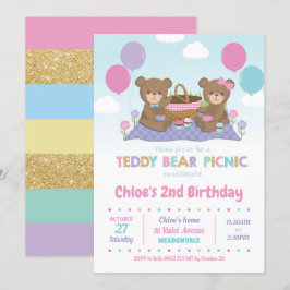 Nalle Picnic Birthday-inbjudningar flicka Inbjudningar