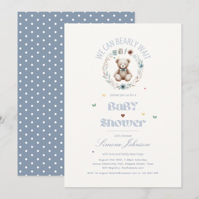 Nalle Picnic Boho Baby Shower Thworthy Boys Inbjudningar (Fram/baksida)
