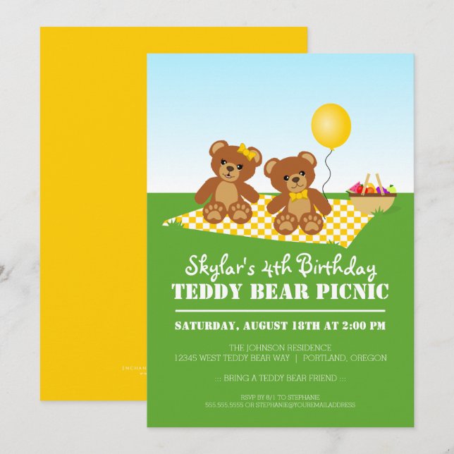 Nalle Picnic Födelsedagsfest inbjudan (Fram/baksida)