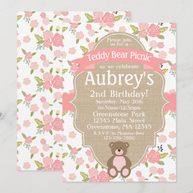 Nalle Picnic Födelsedagsfest inbjudan (Fram/baksida)